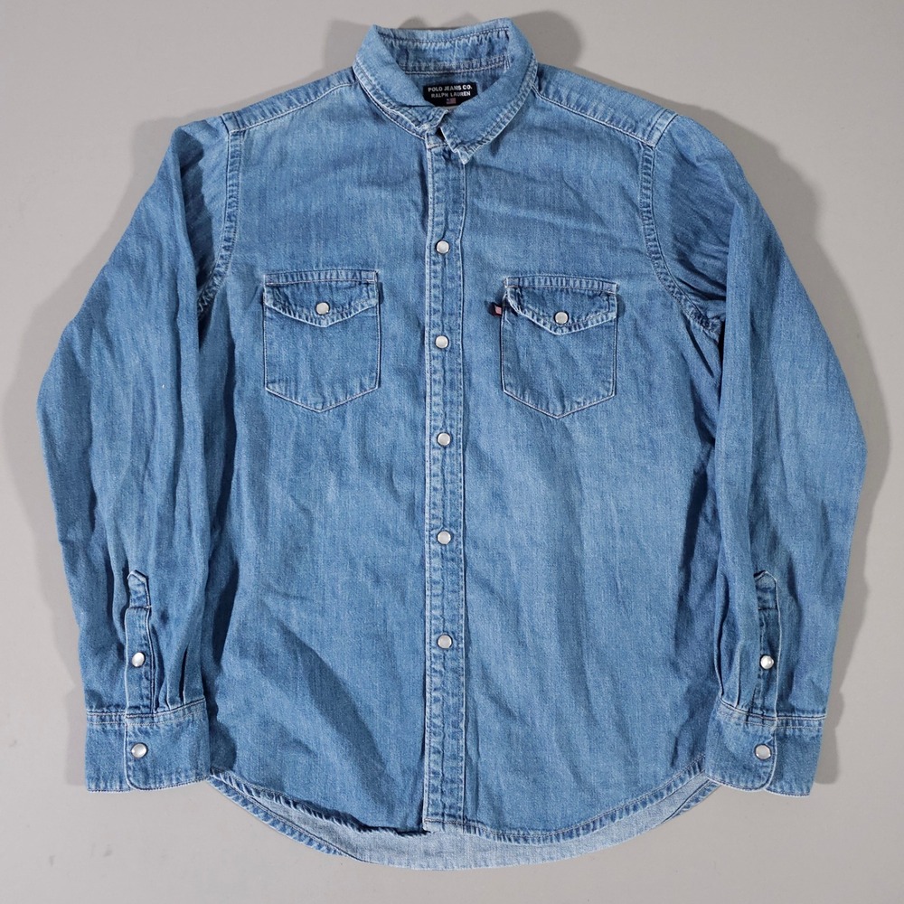 Polo Jeans Co Ralph Lauren Denim Shirt Womens L Blue Snap Button Fitted WK Shirt